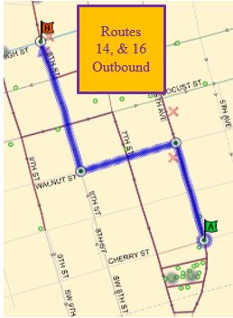 14, & 16 Outbound:  6th Ave (N), Left (W) on Walnut, Right (N) on 8th, route 14 only Left (W) on High back to route.