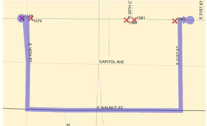 1 Inbound:  E Grand (W), Left (S) on E 21st,  Right (W) on E Walnut, Right (N) on E 19th, Left (W) on E Grand back to route. 1 Outbound:  E Grand (E), Right (S) on E 19th,  Left (E) on E Walnut, Left (N) on E 21st, Right (W) on E Grand back to route.